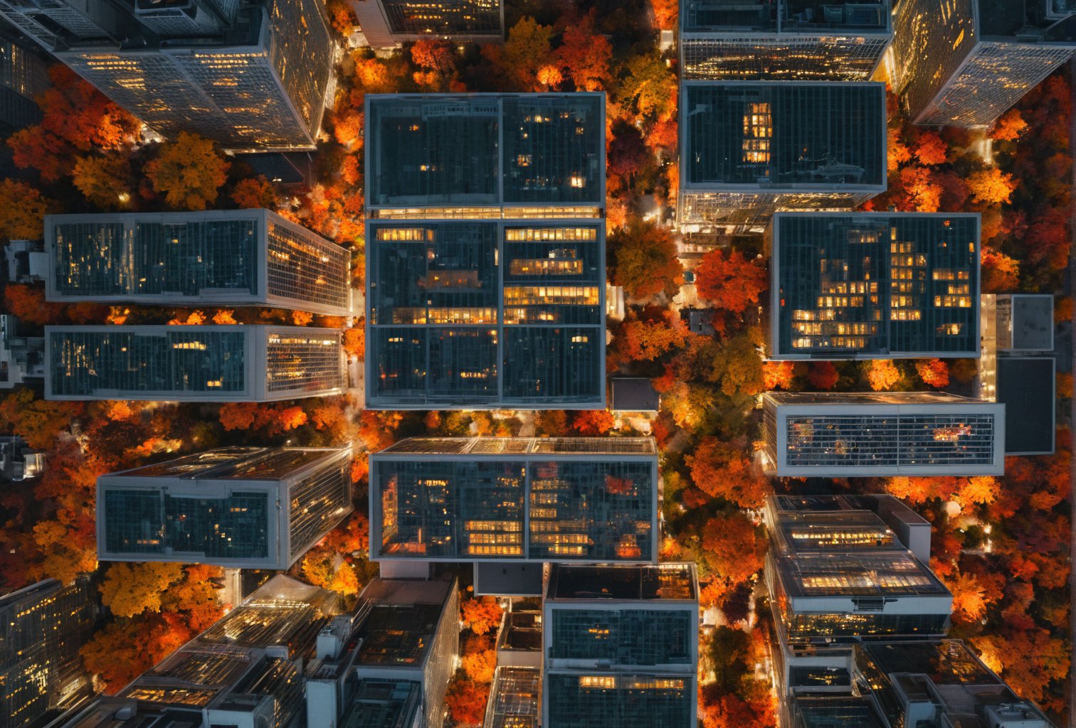 Night, autumn, view from the roof of a skyscraper, skyscrapers with orange windows, lanterns highlight the golden foliage of the trees and are reflected in the glass of the skyscrapers