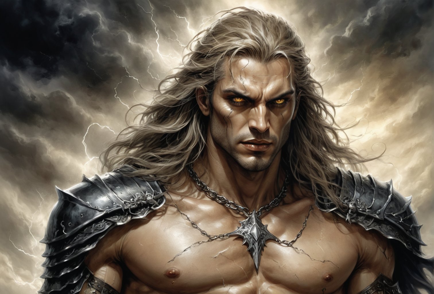 Create a portrait of the main antagonist of the demigod, he has long, flowing hair the color of storm clouds, serpentine creature with scales as black as night, glowing eyes like lightning, and razor-sharp teeth. </br> It is impossible to tell its age or gender as it is a mythological creature. captivating with mystery and at the same time repulsive, from whose gaze your throat dries up and you are speechless, but you can feel his strong spirit and sense of heroism, so that sometimes you don't understand whether he is a villain or a hero in front of you. Style of Medieval fantasy warrior art by Luis Royo. tan, black, tan, blanchedalmond colors. 8K HD.