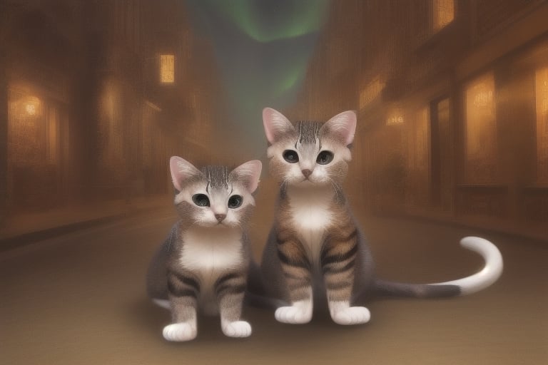 painting of A sky filled with a vibrant aurora borealis illuminating a city with grand columns while cats roam the streets and serpentine creatures swim in the oceans. Style of Cute cats and kittens with a mirror background. rosybrown, chocolate, sandybrown, darkred colors. 8K HD.