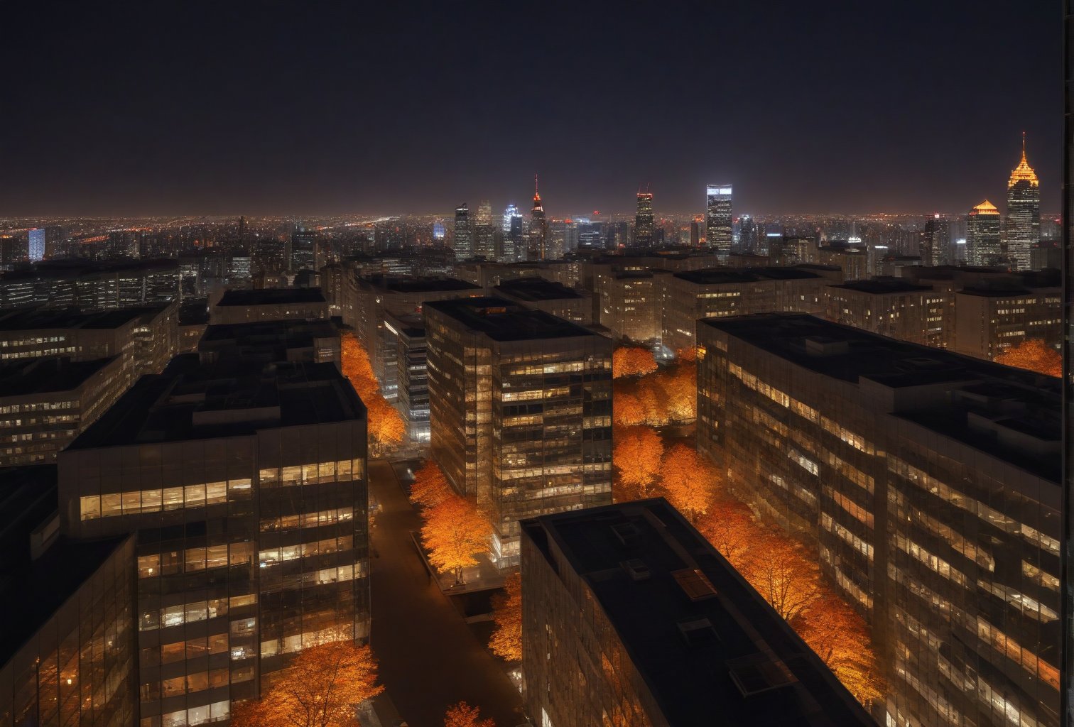 Night, autumn, view from the roof of a skyscraper, skyscrapers with orange windows, lanterns highlight the golden foliage of the trees and are reflected in the glass of the skyscrapers