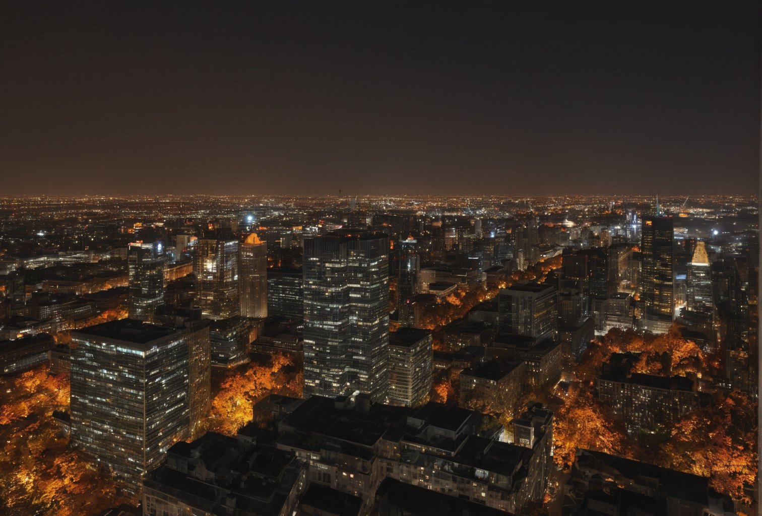 Night, autumn, view from the roof of a skyscraper, skyscrapers with orange windows, lanterns illuminate the foliage of trees and are reflected in the glass of skyscrapers