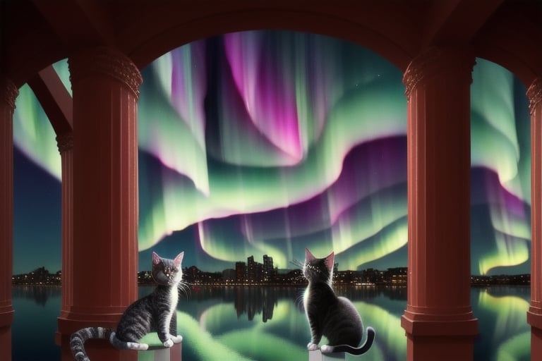 painting of A sky filled with a vibrant aurora borealis illuminating a city with grand columns while cats roam the streets and serpentine creatures swim in the oceans. Style of Cute cats and kittens with a mirror background. rosybrown, chocolate, sandybrown, darkred colors. 8K HD.