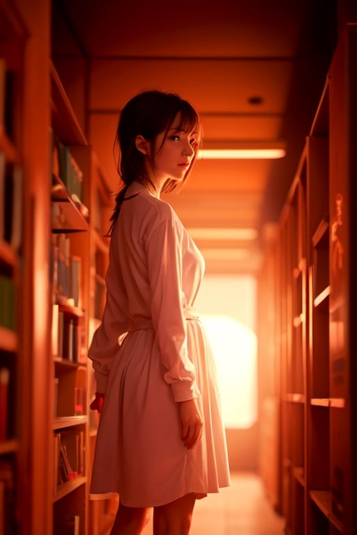 An anime girl with bangs and medium length hair in the school library, feels the breath of spring and sun, the sun falling on the shelves in the school library, creates a feeling of morning and at the same time has the charm of sunset, but in reality it is not clear what time, as if it was out of time, either It was such a good day that it seems that now it will always be like this.