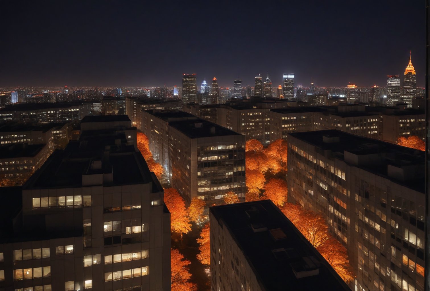 Night, autumn, view from the roof of a skyscraper, skyscrapers with orange windows, lanterns illuminate the foliage of trees and are reflected in the glass of skyscrapers