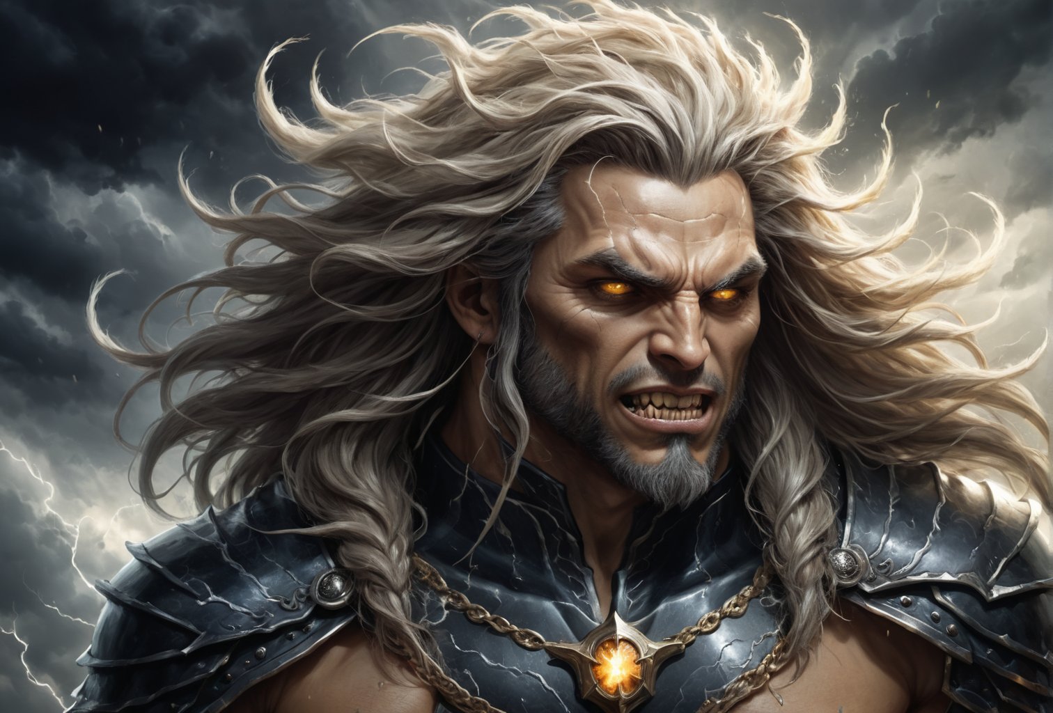 Create a portrait of the main antagonist of the demigod, he has long, flowing hair the color of storm clouds, serpentine creature with scales as black as night, glowing eyes like lightning, and razor-sharp teeth. </br> It is impossible to tell its age or gender as it is a mythological creature. Style of Medieval fantasy warrior art by Luis Royo. tan, black, tan, blanchedalmond colors. 8K HD.