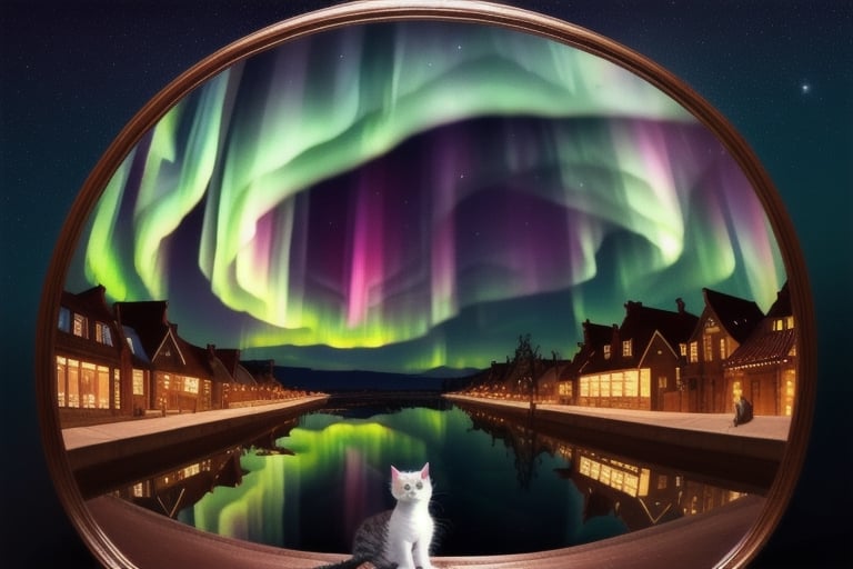 painting of A sky filled with a vibrant aurora borealis illuminating a city with grand columns while cats roam the streets and serpentine creatures swim in the oceans. Style of Cute cats and kittens with a mirror background. rosybrown, chocolate, sandybrown, darkred colors. 8K HD.