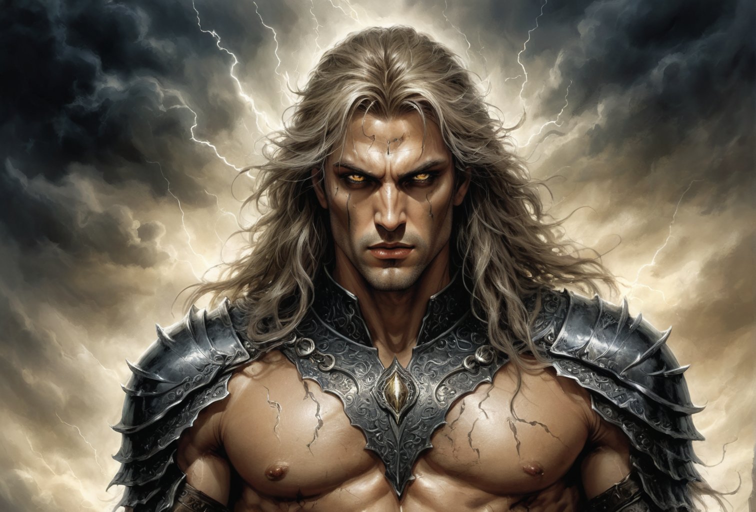 Create a portrait of the main antagonist of the demigod, he has long, flowing hair the color of storm clouds, serpentine creature with scales as black as night, glowing eyes like lightning, and razor-sharp teeth. </br> It is impossible to tell its age or gender as it is a mythological creature. captivating with mystery and at the same time repulsive, from whose gaze your throat dries up and you are speechless, but you can feel his strong spirit and sense of heroism, so that sometimes you don't understand whether he is a villain or a hero in front of you. Style of Medieval fantasy warrior art by Luis Royo. tan, black, tan, blanchedalmond colors. 8K HD.