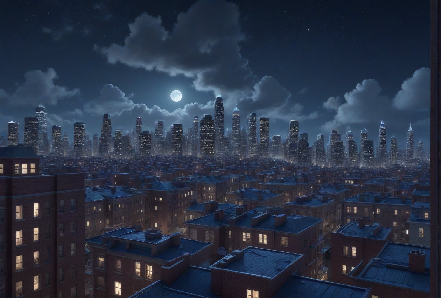 night, cloud lumened by city, bright moon, dark-gray-purple sky; sky scrapers square and rectangular skyscrapers with white frequent square windows, shades of skyscraper windows: dark blue, dark turquoise. The roofs of skyscrapers from dark squares or illuminated with a dim blue border, far focus, twinkling windows and stars, brilliant coloring, crispy quality, vray; Pixar, ; HD, HDR, SF, CGSociety, 16k, photorealistic, unreal engine