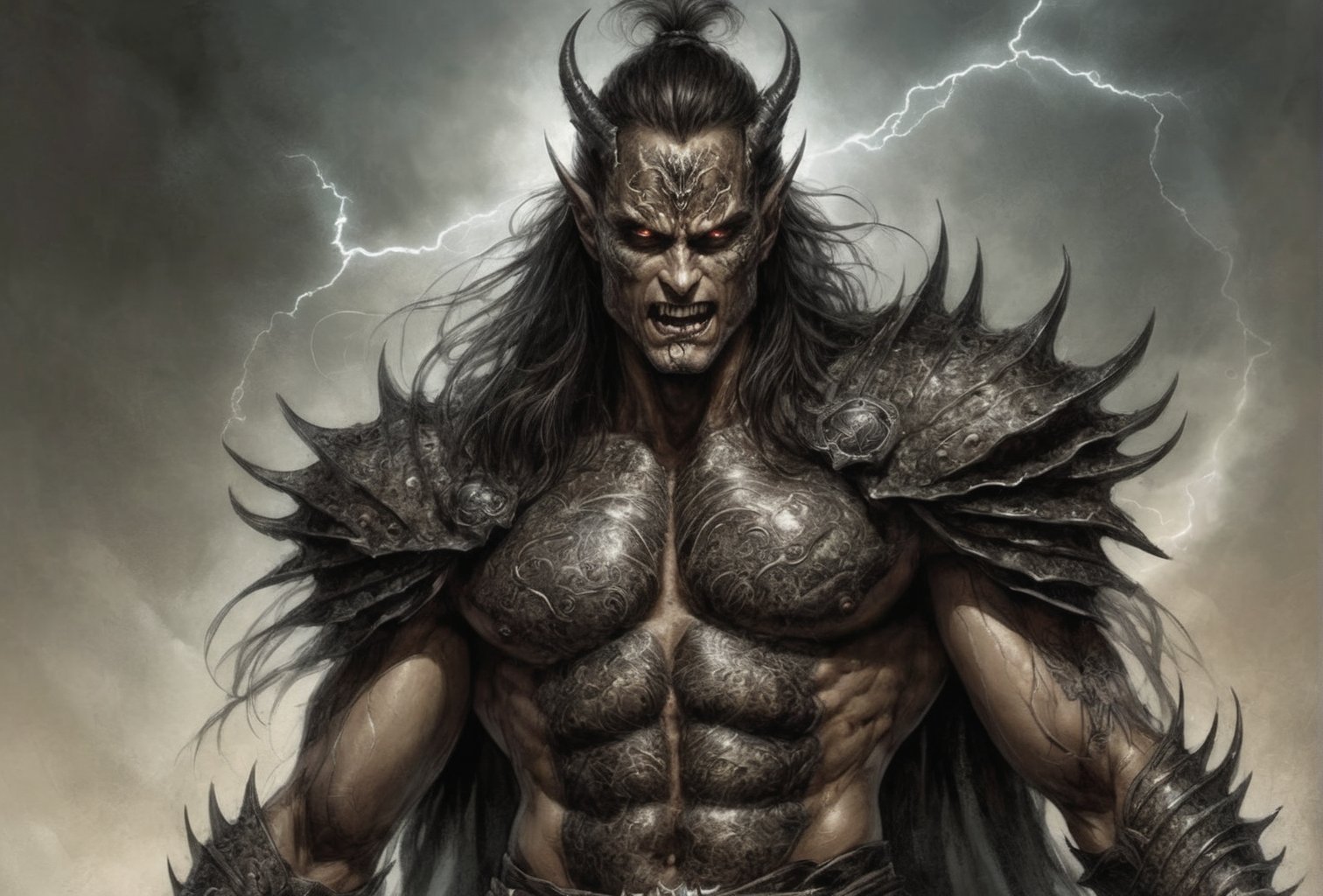 Create a portrait painting of the main antagonist of the demigod, serpentine creature with scales as black as night, glowing eyes like lightning, and razor-sharp teeth. </br> It is impossible to tell its age or gender as it is a mythological creature. Style of Medieval fantasy warrior art by Luis Royo. tan, black, tan, blanchedalmond colors. 8K HD.