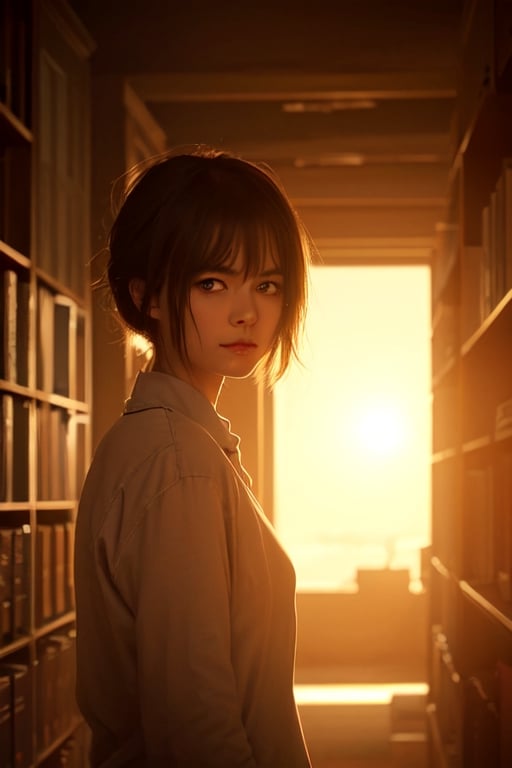 An anime girl with bangs and medium length hair in the school library, feels the breath of spring and sun, the sun falling on the shelves in the school library, creates a feeling of morning and at the same time has the charm of sunset, but in reality it is not clear what time, as if it was out of time, either It was such a good day that it seems that now it will always be like this.