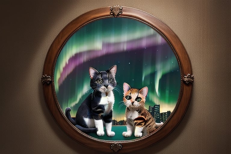 painting of A sky filled with a vibrant aurora borealis illuminating a city with grand columns while cats roam the streets and serpentine creatures swim in the oceans. Style of Cute cats and kittens with a mirror background. rosybrown, chocolate, sandybrown, darkred colors. 8K HD.