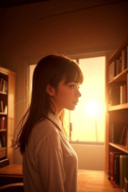 An anime girl with bangs and medium length hair in the school library, front view, feels the breath of spring and sun, the sun falling on the shelves in the school library, creates a feeling of morning and at the same time has the charm of sunset, but in reality it is not clear what time, as if it was out of time, either It was such a good day that it seems that now it will always be like this.