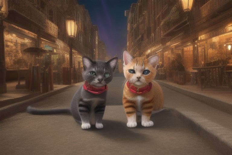 painting of A sky filled with a vibrant aurora borealis illuminating a city with grand columns while cats roam the streets and serpentine creatures swim in the oceans. Style of Cute cats and kittens with a mirror background. rosybrown, chocolate, sandybrown, darkred colors. 8K HD.