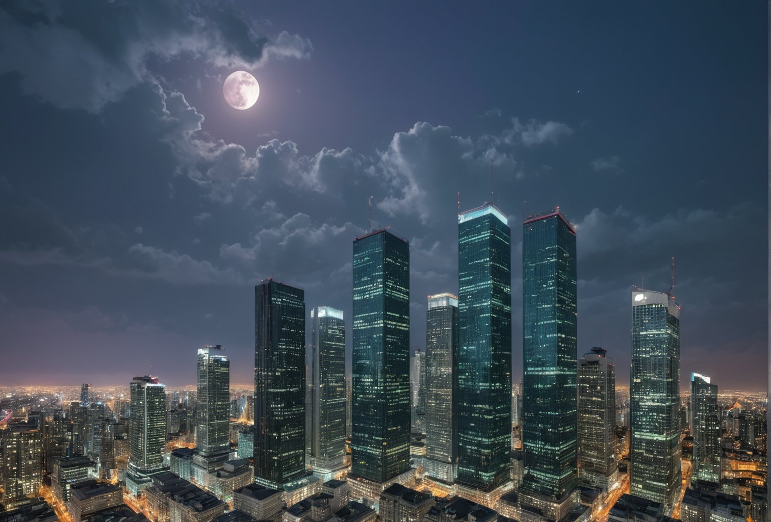 night, cloud lumened by city, bright moon, dark-gray-purple sky; sky scrapers square and rectangular skyscrapers with white frequent square windows, shades of skyscraper windows: dark blue, dark turquoise. The roofs of skyscrapers from dark squares or illuminated with a dim blue border,