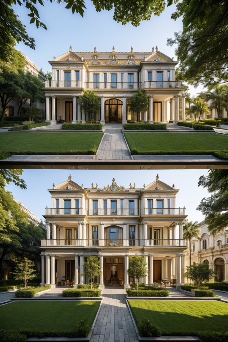 ((masterpiece,best quality,highres,sharp forcus)) (((detail forcus))) , (house in style of neoclassic) Clarify the details of moldings, decorative patterns, and exteriors,