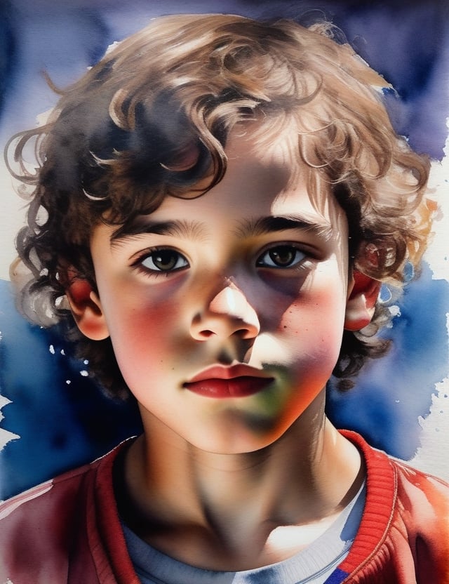 "Create a harmonious watercolor canvas artwork, portraying a 13-year-old Portuguese boy. Draw inspiration from artists like José Malhoa, Paula Rego, and Silva Porto. Use a subtle and natural color palette to capture the nuances of his white skin tone and the texture of his tightly knit, curly hair in a close-up view of his face. Convey an intimate and expressive atmosphere through the delicate application of watercolors."

,realistic,oil paint