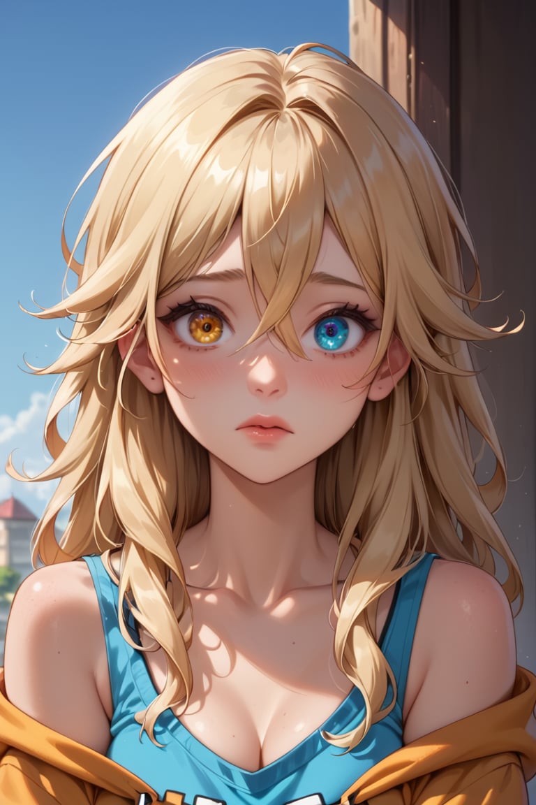 score_9, score_8_up, score_7_up, score_6_up, BREAK source_anime, female, seldner , shy girl, long blonde hair, pretty, nerdy, heterochromia, blue and amber eyes, baggy clothing, make-up, hourglass_figure, baggy hoodie, college girl