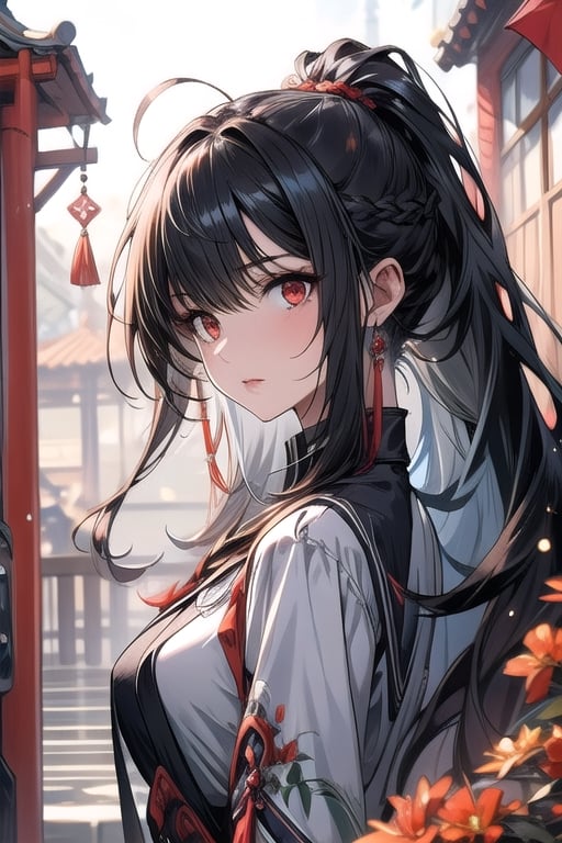 (masterpiece, best quality), (detailed), girl, red eyes, long hair, midjourney portrait, long pony tail, bangs, single_braid, slender, black hair, slim, 