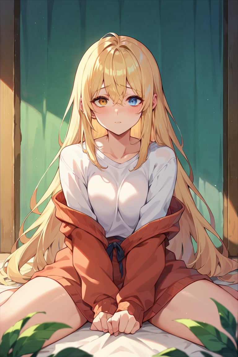 score_9, score_8_up, score_7_up, score_6_up, BREAK source_anime, female, seldner , shy girl, long blonde hair, pretty, nerdy, heterochromia, blue and amber eyes, baggy clothing, make-up, hourglass_figure, masterpiece, best quality, 