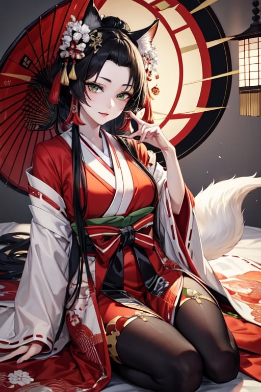 ((best quality)), ((masterpiece)), (detailed), female, slender,black hair, pale skin, green_eyes, straight_hair, beautiful, regal, graceful, japanese, traditional_japanese_clothes, utsukushi, kitsune, ,1girl