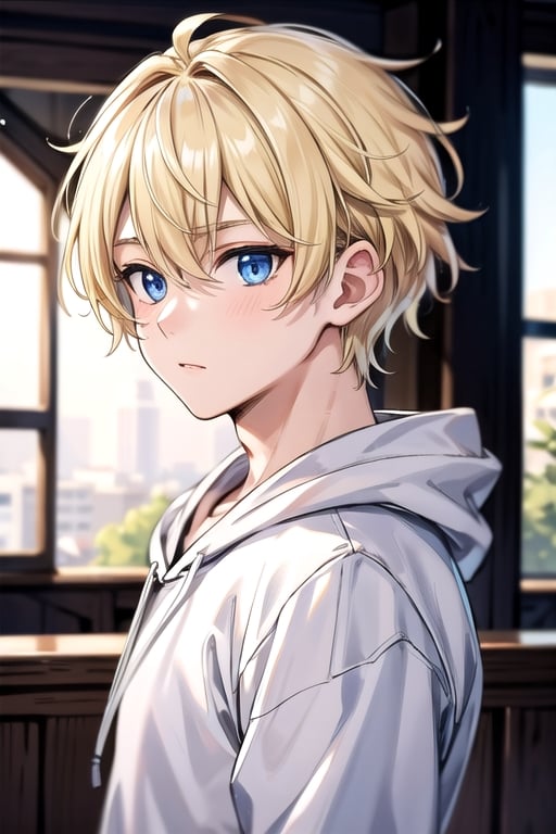 (masterpiece, best quality), (detailed), male, 1boy, shy, short hair, blonde hair, blue eyes, fluffy hair, hoodie