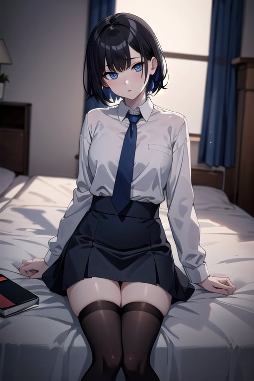 (masterpiece, best quality, highres:1.3), ultra resolution image, (1girl), (solo), female, short black hair, black stockings, pale skin, blue eyes, large eyes, Black blazer, grey skirt, black stockings , blue neck tie , white  shirt , black flats, japanese, petite, Detailedface, anime_screencap,