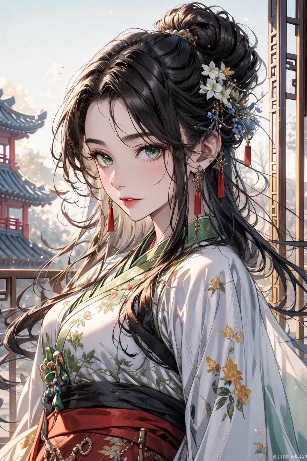 ((best quality)), ((masterpiece)), (detailed), female, slender, chinese, black hair, pale skin, green_eyes, straight_hair, beautiful, regal, chinese_clothes,  graceful,midjourney portrait, hanfu,ancient_beautiful,Detailedface