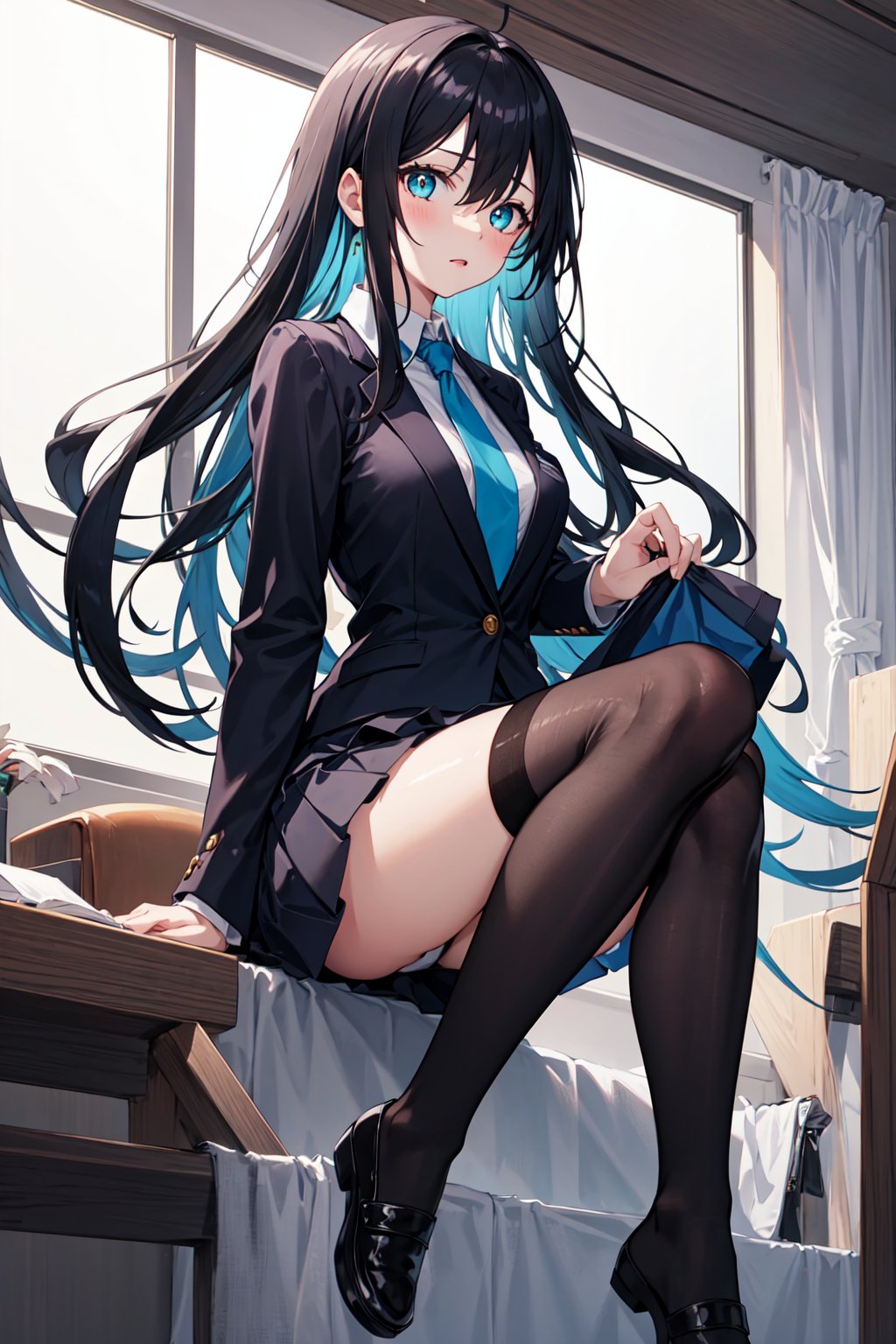 (masterpiece, best quality, highres:1.3), ultra resolution image, (1girl), (solo), female, black hair, black stockings, pale skin, cyan eyes, large eyes, school_girl, Black blazer, grey skirt, black stockings , blue neck tie , white  shirt , black flats, japanese,