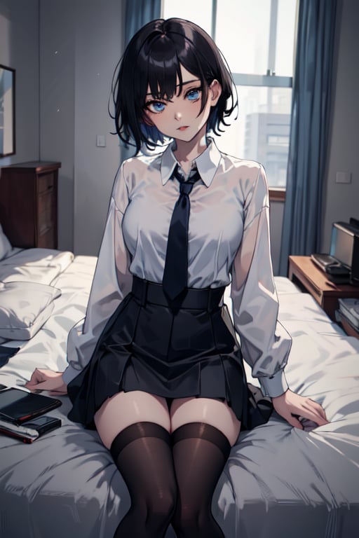 (masterpiece, best quality, highres:1.3), ultra resolution image, (1girl), (solo), female, short black hair, black stockings, pale skin, blue eyes, large eyes,  Black blazer, grey skirt, black stockings , blue neck tie , white  shirt , black flats, japanese, petite,