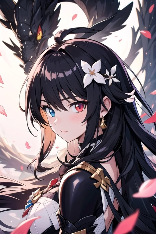 (masterpiece, best quality), (detailed), female, slender, petals, long_hair, midjourney, heterochromia, beautiful, long black hair set in perfect princess curls, honkai_impact_3rd,IncrsSlitPupil