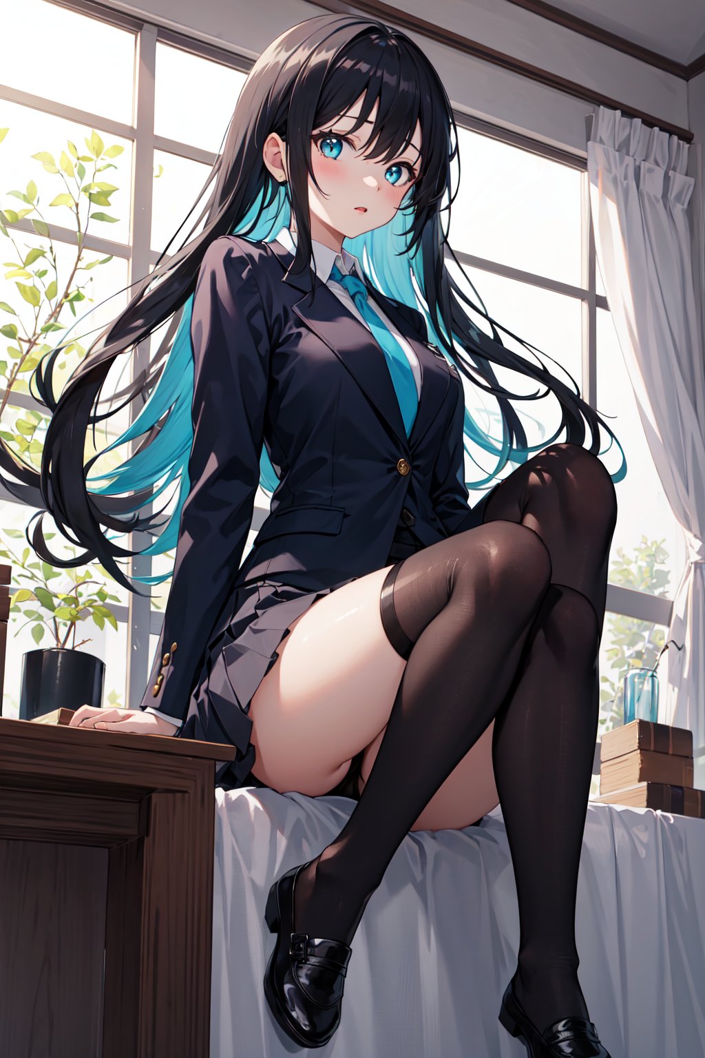 (masterpiece, best quality, highres:1.3), ultra resolution image, (1girl), (solo), female, black hair, black stockings, pale skin, cyan eyes, large eyes, school_girl, Black blazer, grey skirt, black stockings , blue neck tie , white  shirt , black flats, japanese,