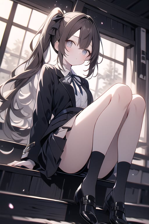 (masterpiece, best quality, highres:1.3), ultra resolution image, (1girl), (solo), female, pony tails ,brown hair, black stockings, pale skin, grey eyes, large eyes, school_girl, Black blazer, grey skirt, black stockings , neck ribbon , white shirt , black flats, japanese,1 girl,blacklight