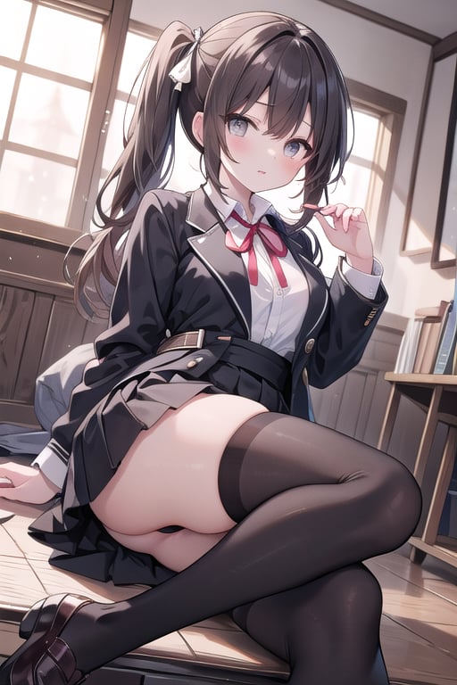 (masterpiece, best quality, highres:1.3), ultra resolution image, (1girl), (solo), female, pony tails ,brown hair, black stockings, pale skin, grey eyes, large eyes, school_girl, Black blazer, grey skirt, black stockings , neck ribbon , white shirt , black flats, japanese,1 girl