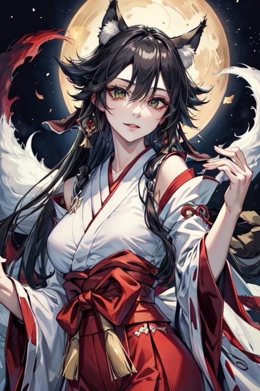 ((best quality)), ((masterpiece)), (detailed), female, slender, black hair, pale skin, green_eyes, straight_hair, beautiful, regal, graceful, japanese, traditional_japanese_clothes, utsukushi, kitsune, fox tails, kimono, ,fantasy00d