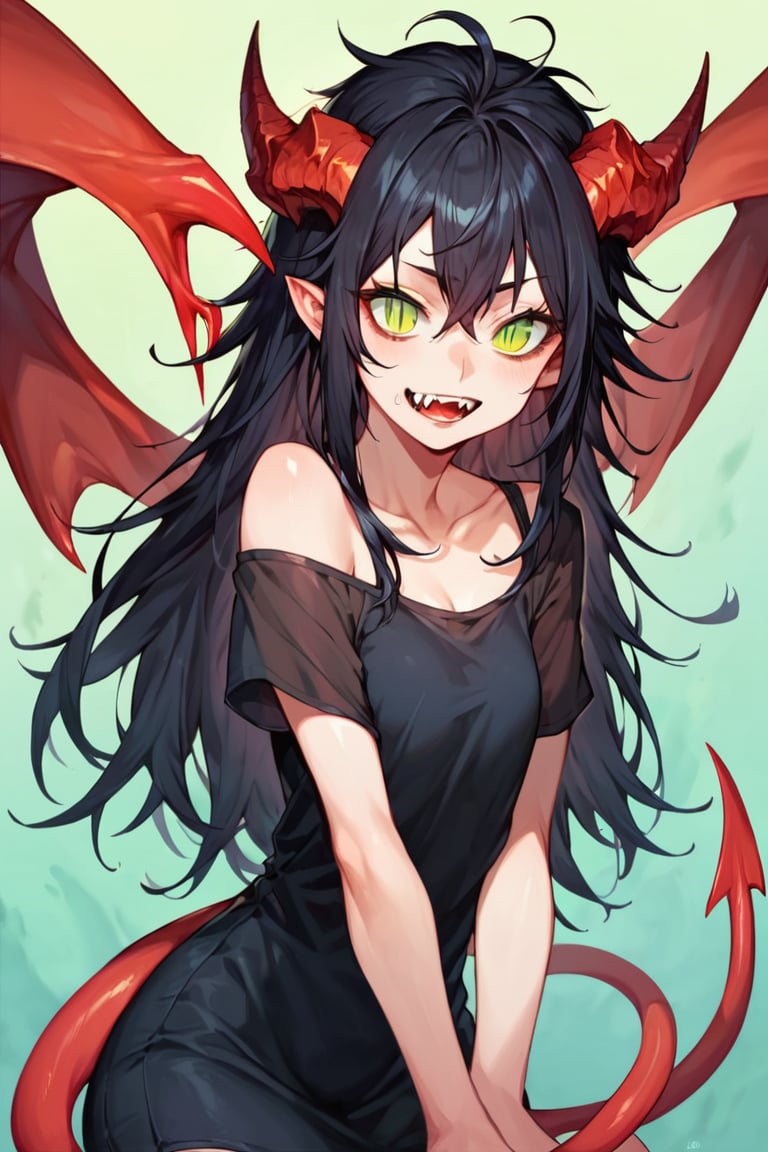 score_9, score_8_up, score_7_up, score_6_up, BREAK source_anime, female, petite, demon_girl, horns, tail, pale skin, black hair, long messy hair, fanged teeth, slit pupils, green eyes,