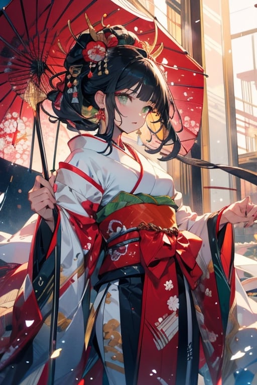 ((best quality)), ((masterpiece)), (detailed), female, slender,black hair, pale skin, green_eyes, straight_hair, beautiful, regal, graceful, royalty, japanese, traditional_japanese_clothes,utsukushi