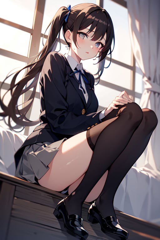 (masterpiece, best quality, highres:1.3), ultra resolution image, (1girl), (solo), female, pony tails ,brown hair, black stockings, pale skin, grey eyes, large eyes, school_girl, Black blazer, grey skirt, black stockings , neck ribbon , white shirt , black flats, japanese,1 girl