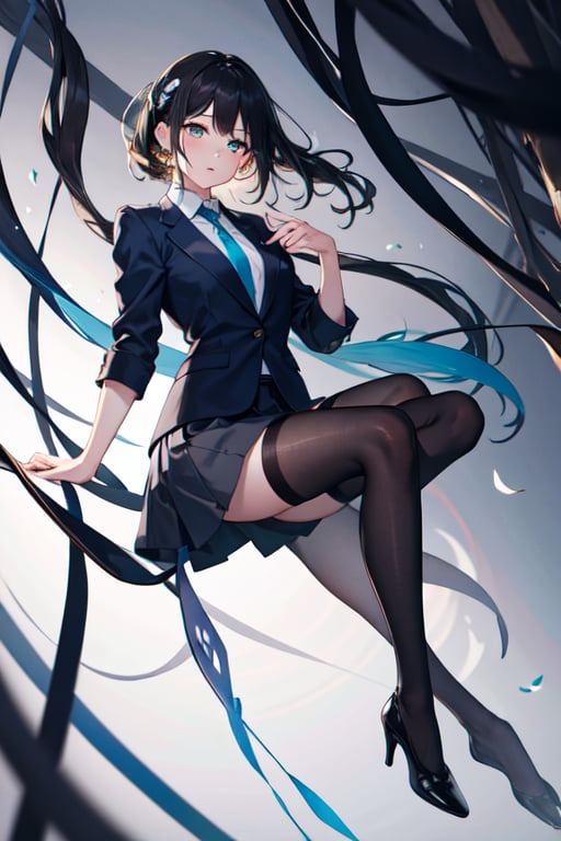 (masterpiece, best quality, highres:1.3), ultra resolution image, (1girl), (solo), female, black hair, black stockings, pale skin, cyan eyes, large eyes, school_girl, Black blazer, grey skirt, black stockings , blue neck tie , white under shirt , black heels, japanese,