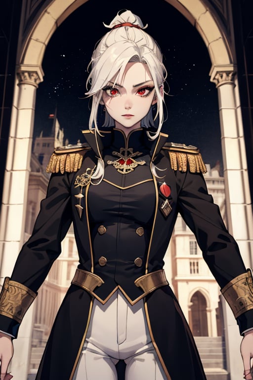 (masterpiece, best quality, highres:1.3), ultra resolution image, female, medieval, long black hair, red eyes, sharp eyes, pale skin, medieval, royalty, general, slender female, long white coat, dignitary uniform, black hair, long_ponytail, pants,