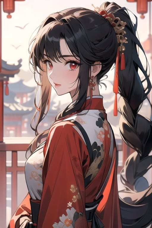 (masterpiece, best quality), (detailed), girl, red eyes, long hair, long tail of hair, midjourney portrait, long pony tail, bangs, single_braid, slender, black hair, east_asian_clothing,Chinese style