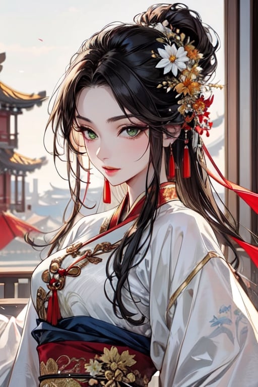 ((best quality)), ((masterpiece)), (detailed), female, slender, chinese, black hair, pale skin, green_eyes, straight_hair, beautiful, regal, chinese_clothes,  graceful,midjourney portrait, hanfu,ancient_beautiful