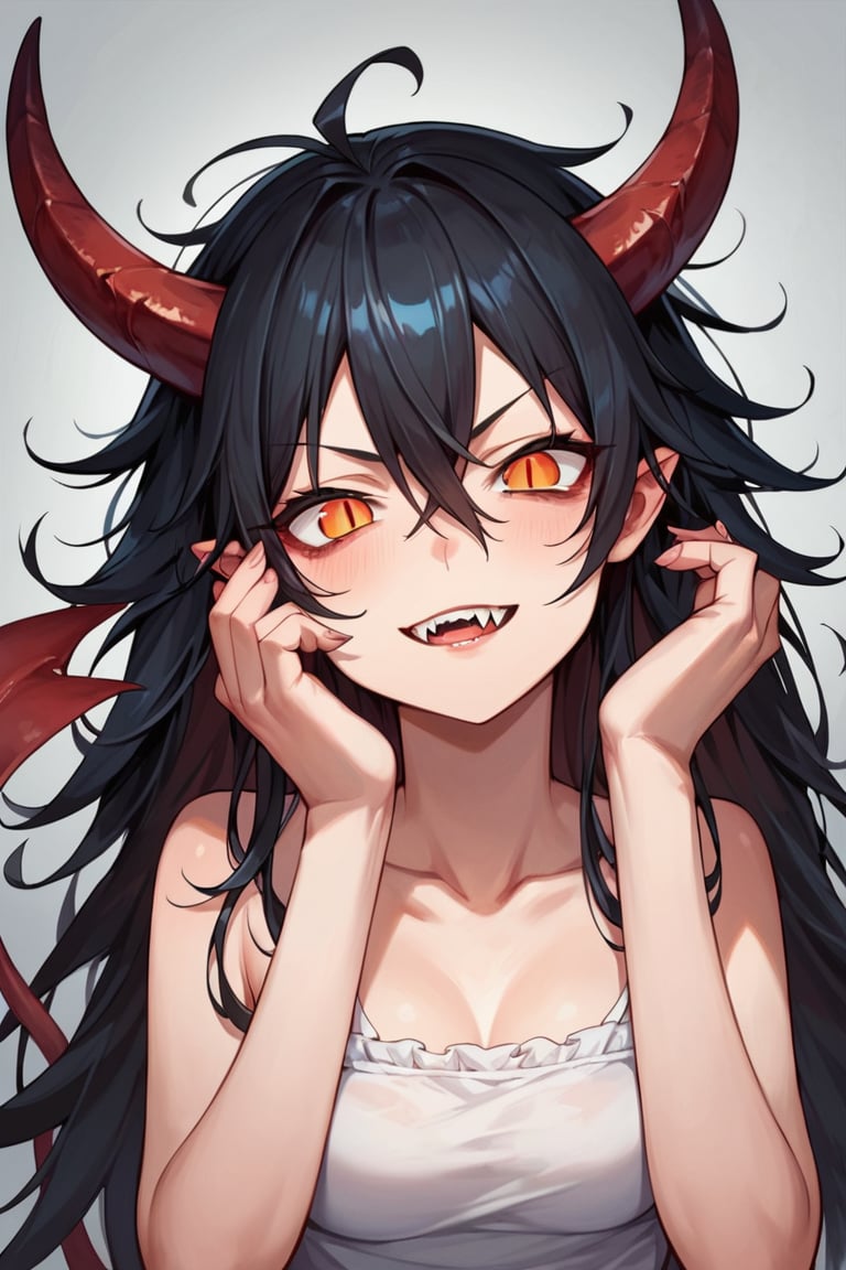 score_9, score_8_up, score_7_up, score_6_up, BREAK source_anime, female, petite, demon_girl, horns, tail, pale skin, black hair, long messy hair, fanged teeth, slit pupils, 