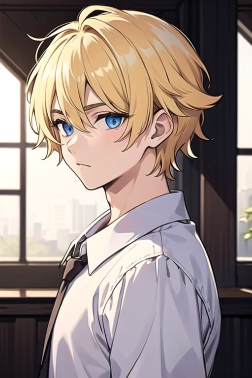 (masterpiece, best quality), (detailed), male, 1boy, shy, short hair, blonde hair, blue eyes, fluffy hair,