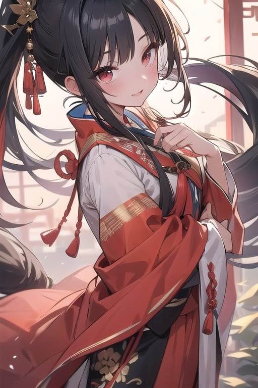 (masterpiece, best quality), (detailed), girl, red eyes, long hair, long tail of hair, midjourney portrait, long pony tail, bangs, single_braid, slender, black hair, east_asian_clothing, full_body