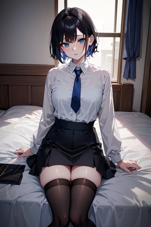 (masterpiece, best quality, highres:1.3), ultra resolution image, (1girl), (solo), female, short black hair, black stockings, pale skin, blue eyes, large eyes, Black blazer, grey skirt, black stockings , blue neck tie , white  shirt , black flats, japanese, petite, Detailedface, anime_screencap,