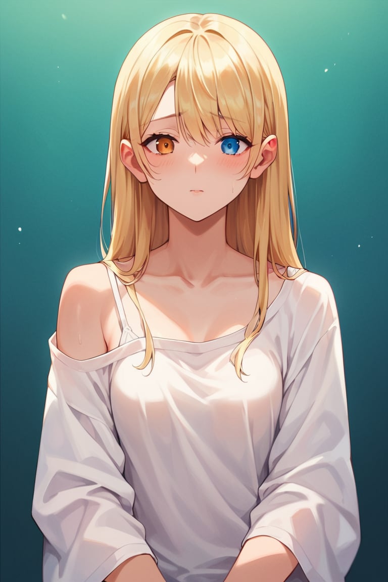 score_9, score_8_up, score_7_up, score_6_up, BREAK source_anime, female,petite, shy girl, long blonde hair, pretty, nerd, outcast,  heterochromia, baggy clothing, make-up, beautiful girl,