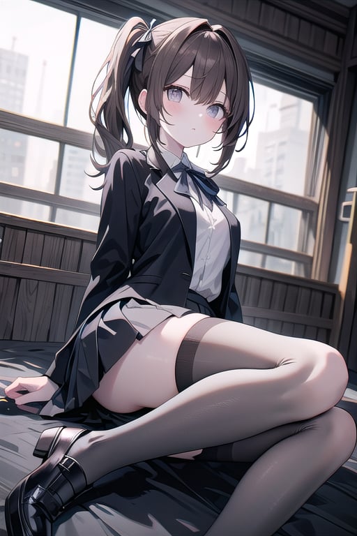 (masterpiece, best quality, highres:1.3), ultra resolution image, (1girl), (solo), female, pony tails ,brown hair, stockings, pale skin, grey eyes, large eyes, school_girl, Black blazer, grey skirt, black stockings , neck ribbon , white shirt , black flats, blacklight,Detailedface, realistic