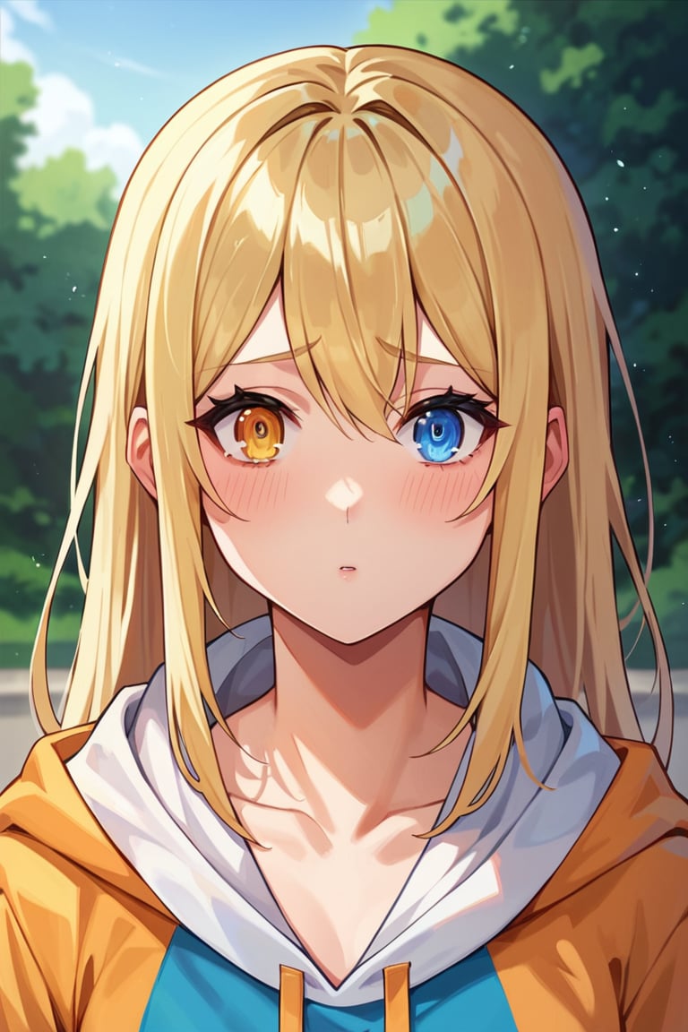 score_9, score_8_up, score_7_up, score_6_up, BREAK source_anime, female, seldner , shy girl, long blonde hair, pretty, nerdy, heterochromia, blue and amber eyes, baggy clothing, make-up, hourglass_figure, baggy hoodie, college girl