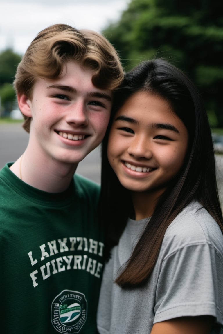 20 year old Irish American boy with brown hair wearing a t shirt, with his best friend who is a 19 year old Asian American girl wearing a skirt,