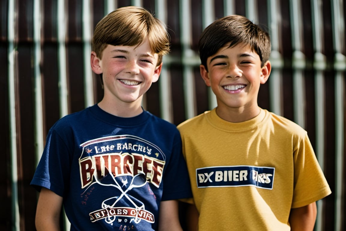 13 year old Irish American boy with short brown hair wearing a t shirt, with his best friend who is a 12 year old Asian American boy with short hair.both have men's haircuts
